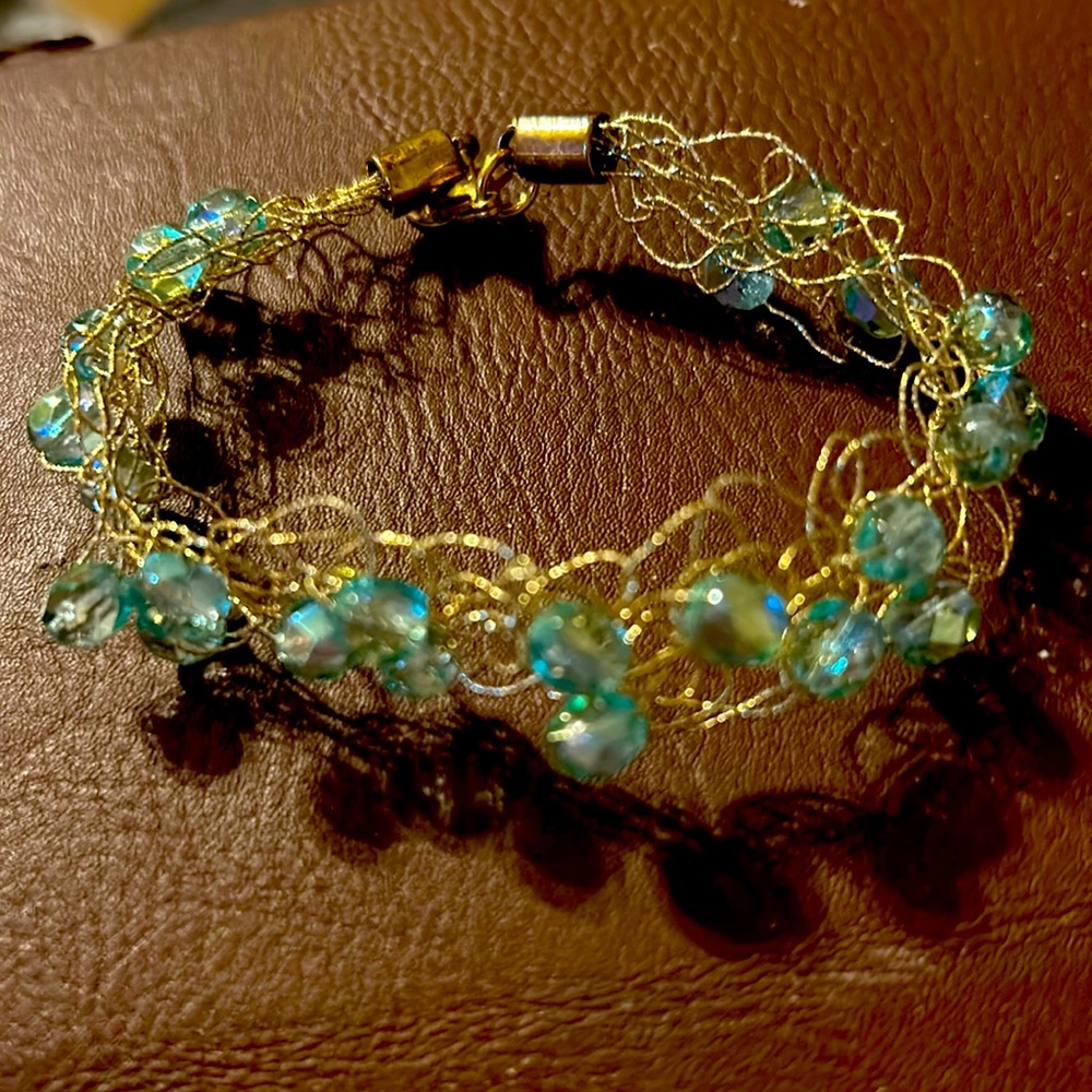 Blue Sea Glass wire crocheted bracelet NWOT